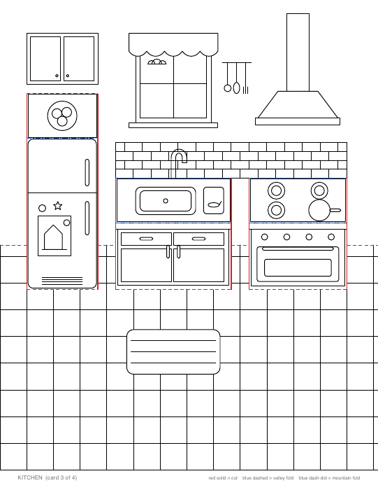 Kitchen card: fridge, sink and stove pop-ups