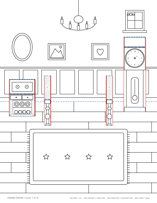 Dining room card: table legs, sideboard and grandfather clock pop-ups