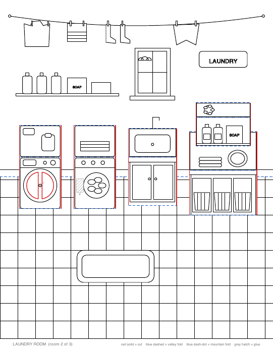 Laundry room card: washer, dryer and folding counter pop-ups