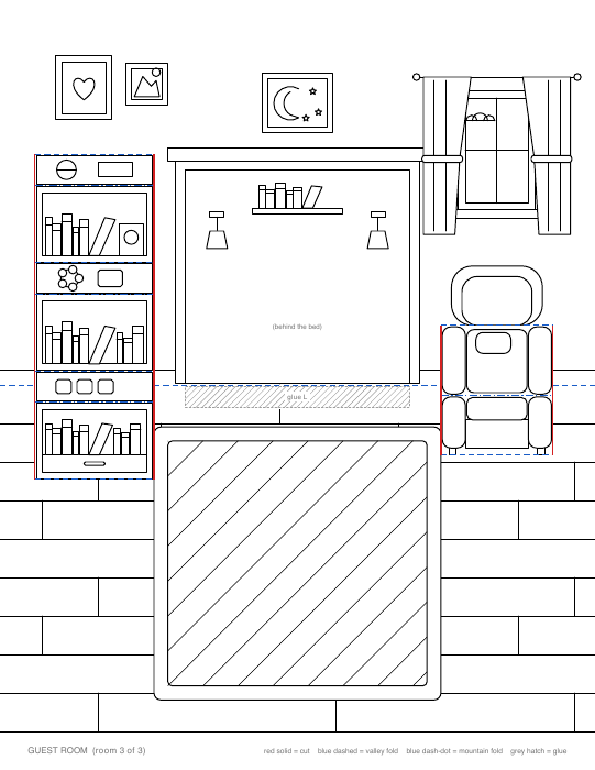 Guest room card: stepped bookcase and armchair pop-ups, and a spot for the fold-down bed
