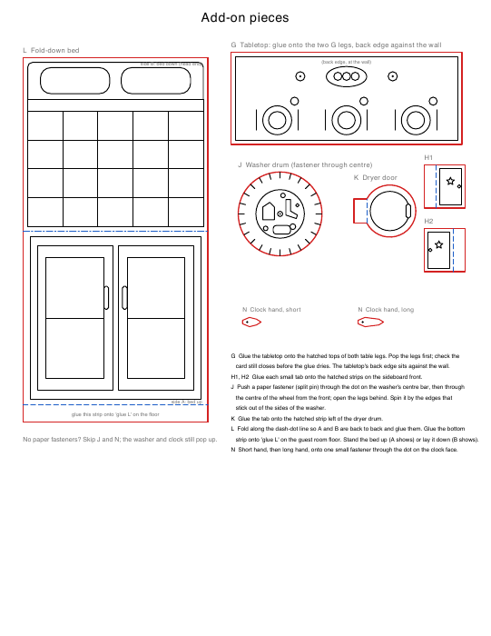 Add-on pieces: tabletop, sideboard doors, washer drum, dryer door, clock hands and fold-down bed